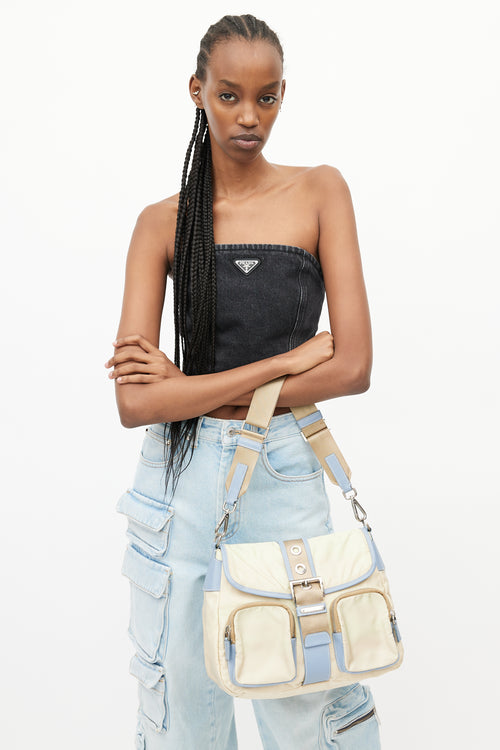 Prada Vintage Beige & Blue Nylon Shoulder Bag