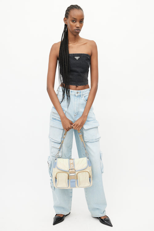 Prada Vintage Beige & Blue Nylon Shoulder Bag