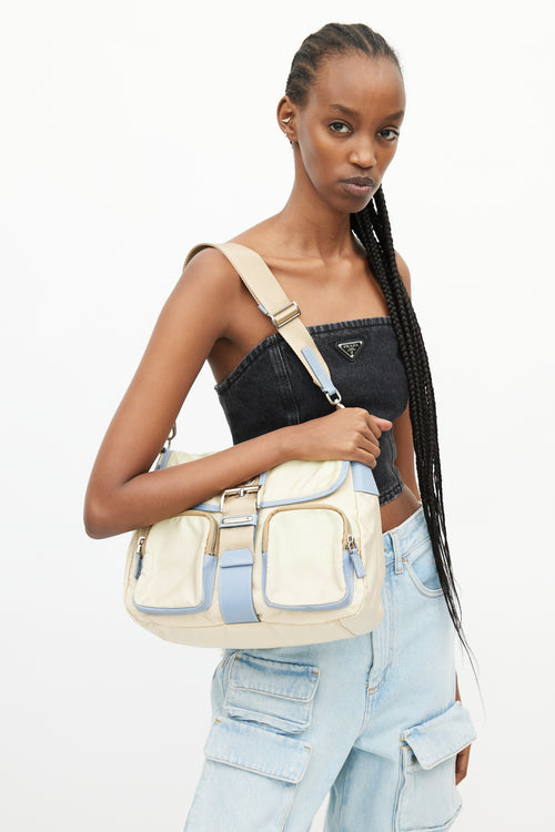 Prada Vintage Beige & Blue Nylon Shoulder Bag