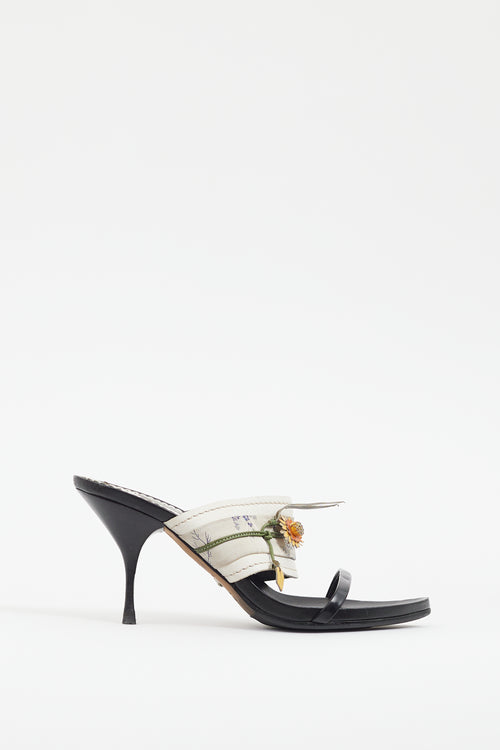 Prada Vintage Black & White Floral Heeled Mule