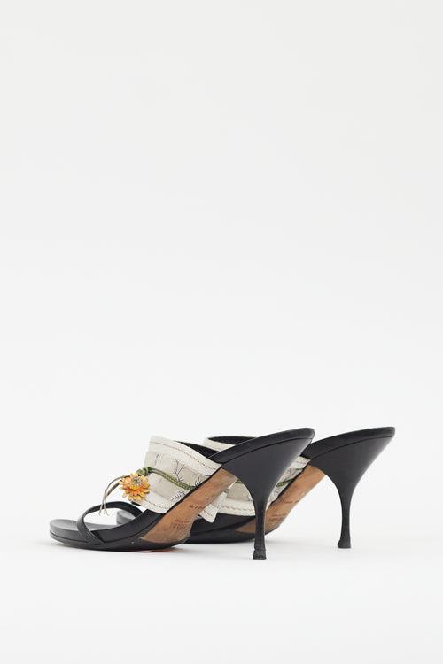 Prada Vintage Black & White Floral Heeled Mule