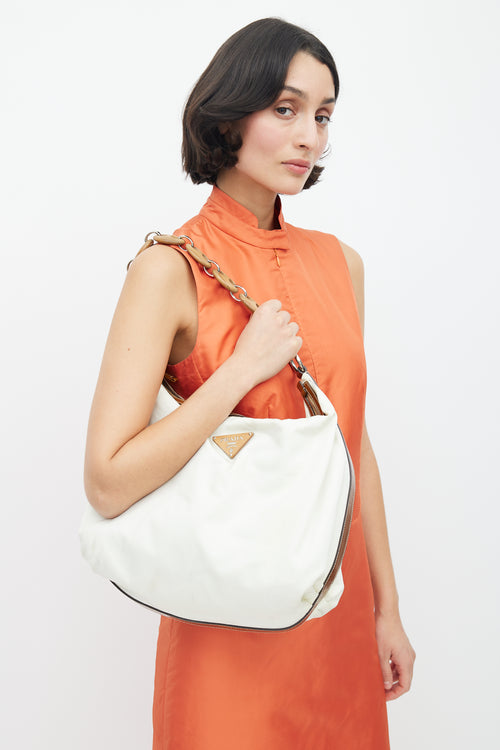 Prada Vintage Cream Nylon & Mariner Wood Shoulder Bag
