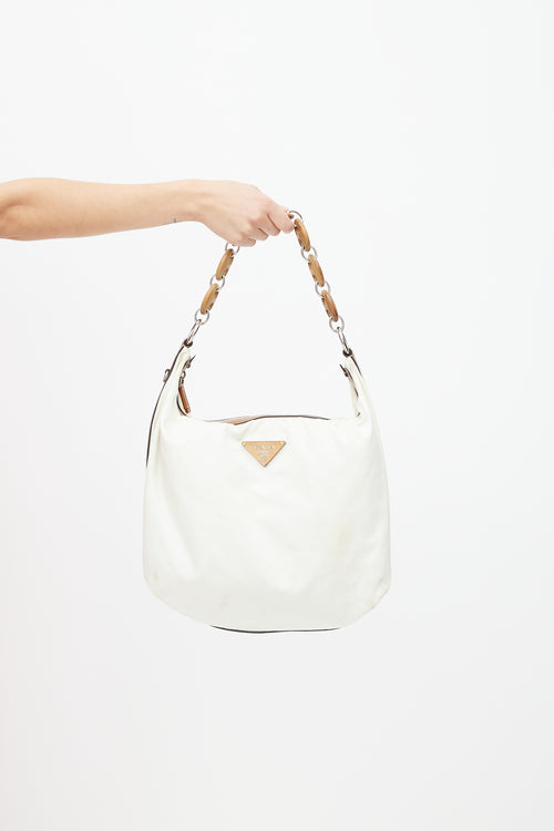 Prada Vintage Cream Nylon & Mariner Wood Shoulder Bag