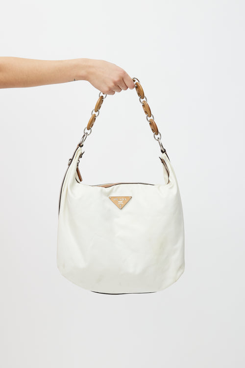 Prada Vintage Cream Nylon & Mariner Wood Shoulder Bag