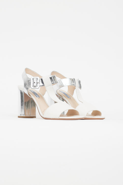 Prada White & Silver Leather Sandal