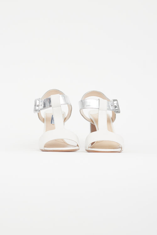 Prada White & Silver Leather Sandal