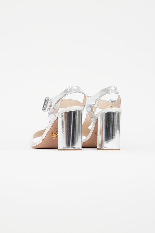 Prada White & Silver Leather Sandal