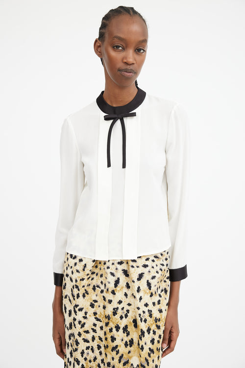 White & Black Silk Bow Trimmed Top