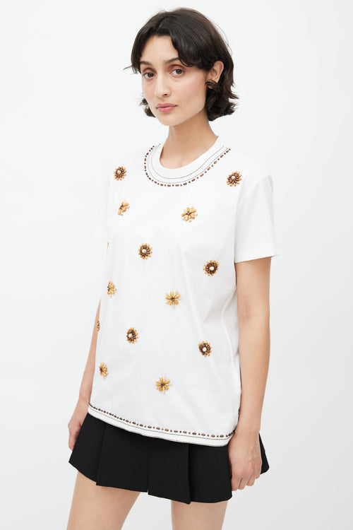 Prada White & Brown Beaded T-Shirt