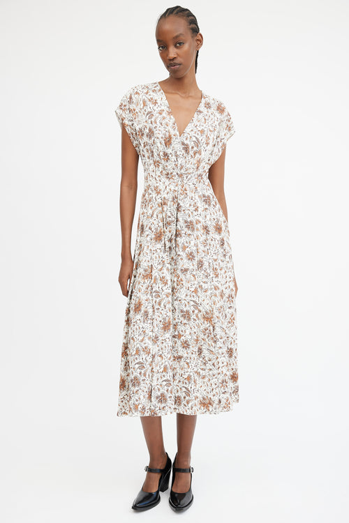 White & Brown Floral Pleated Maxi Dress