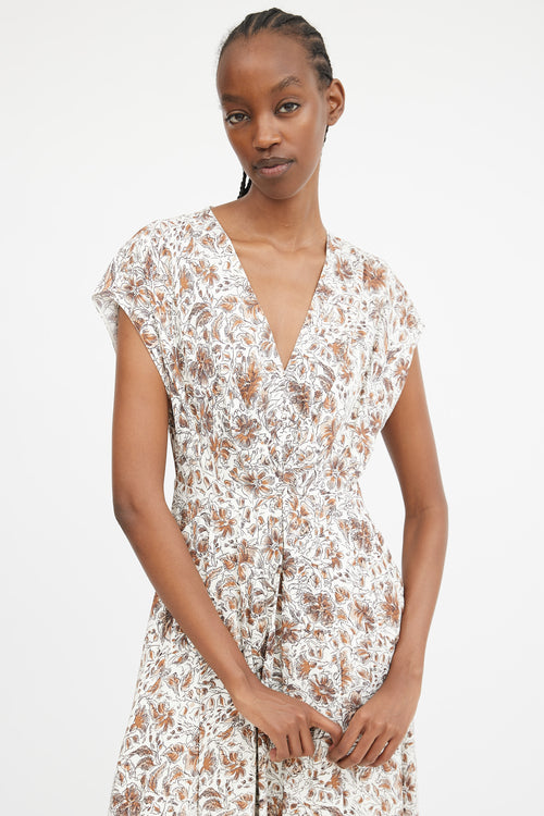 White & Brown Floral Pleated Maxi Dress