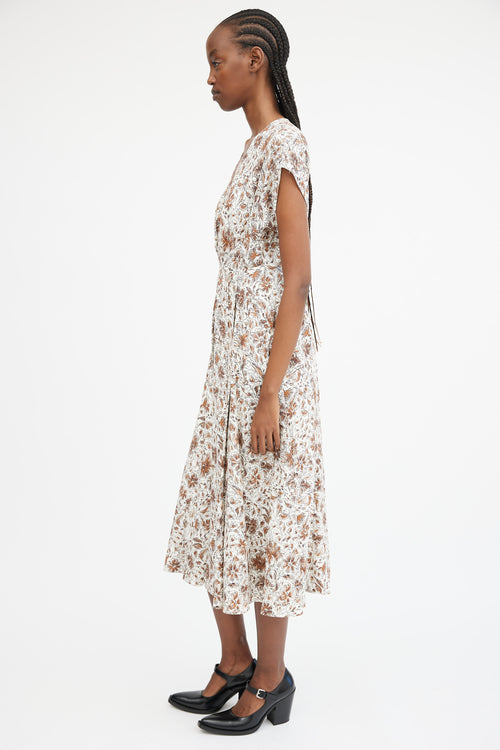 White & Brown Floral Pleated Maxi Dress