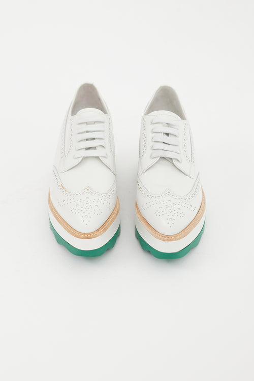 Prada White & Green Leather Platform Brogue