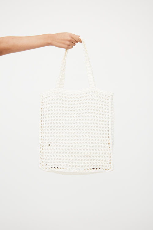 Prada White Raffia Crochet Logo Tote Bag