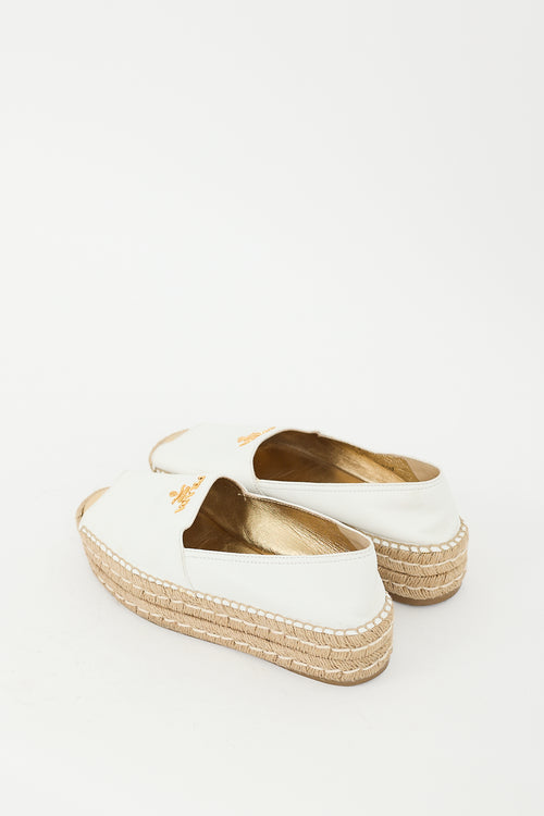 Prada White Leather Peep Toe Platform Espadrille