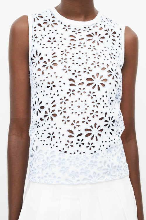 Prada White & Blue Floral Eyelet Top