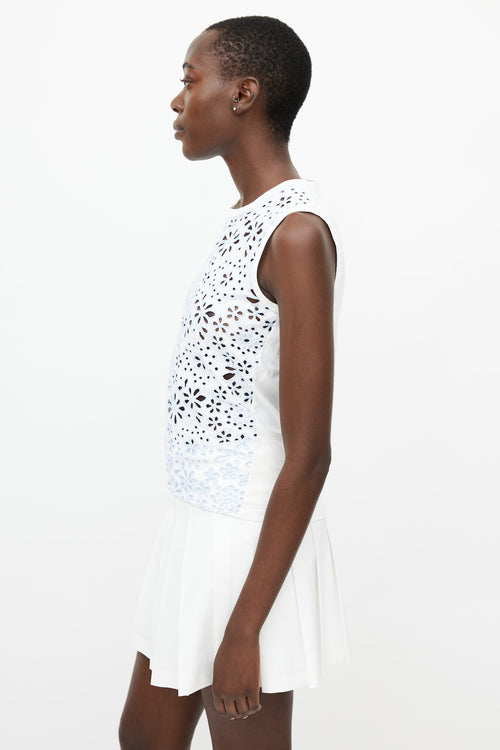 Prada White & Blue Floral Eyelet Top