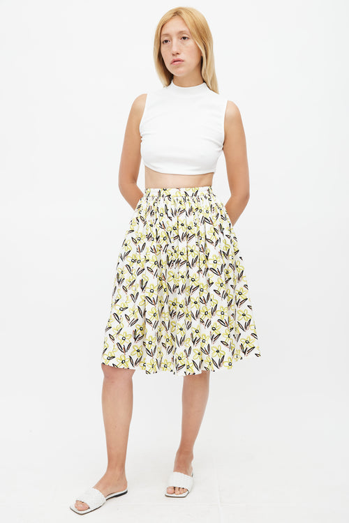 Prada White & Multicolour Floral Pleated Skirt