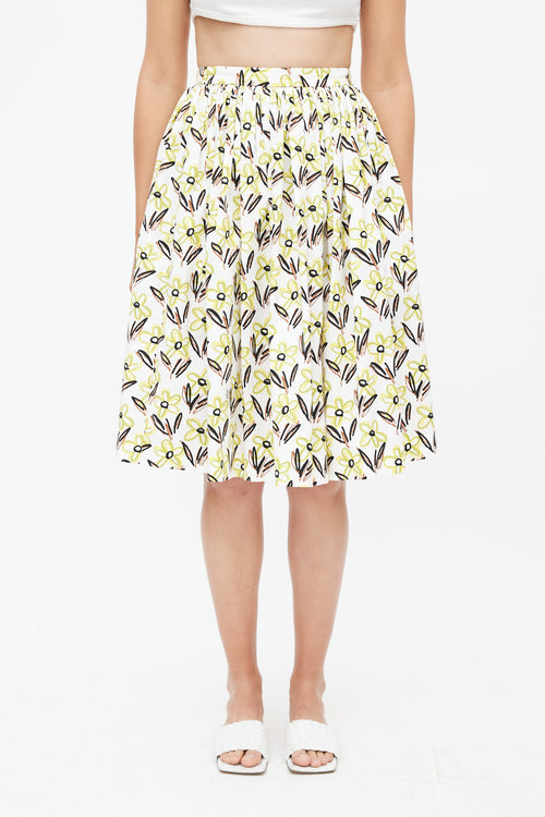 Prada White & Multicolour Floral Pleated Skirt