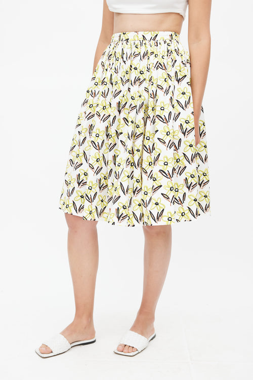 Prada White & Multicolour Floral Pleated Skirt