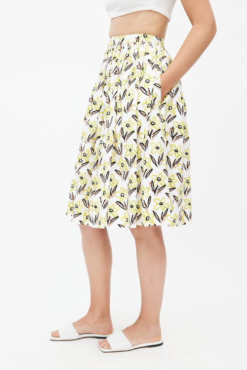 Prada White & Multicolour Floral Pleated Skirt