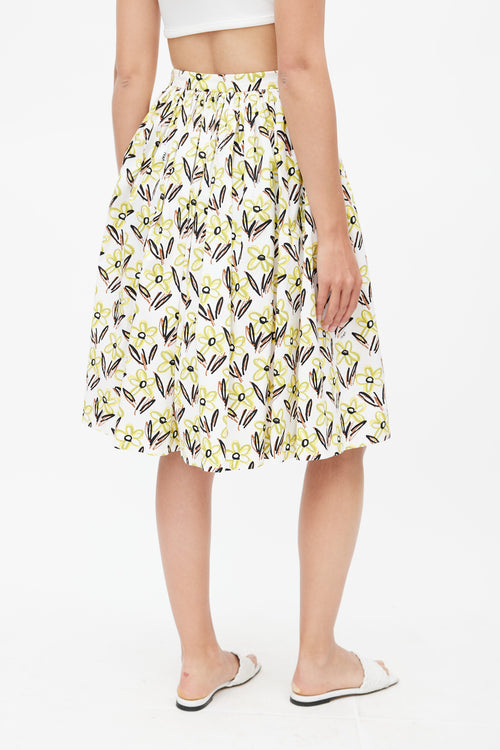 Prada White & Multicolour Floral Pleated Skirt