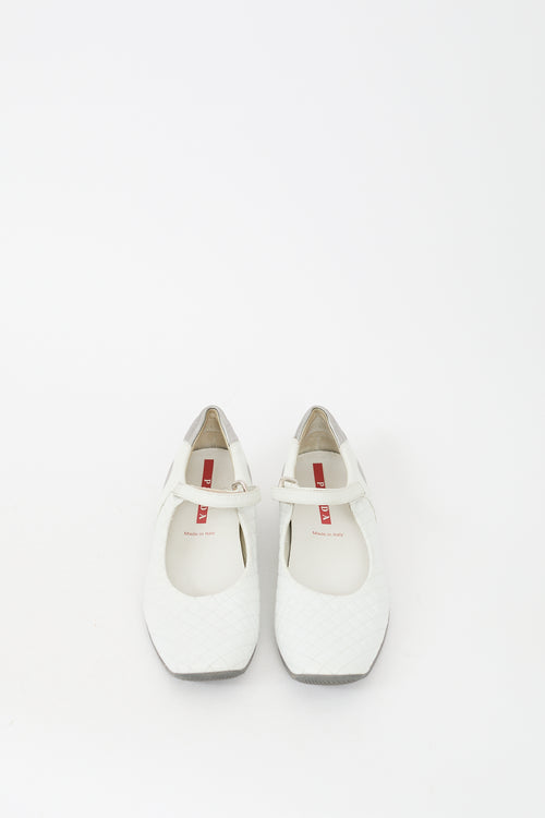 Prada White & Silver Leather Quilted Flat