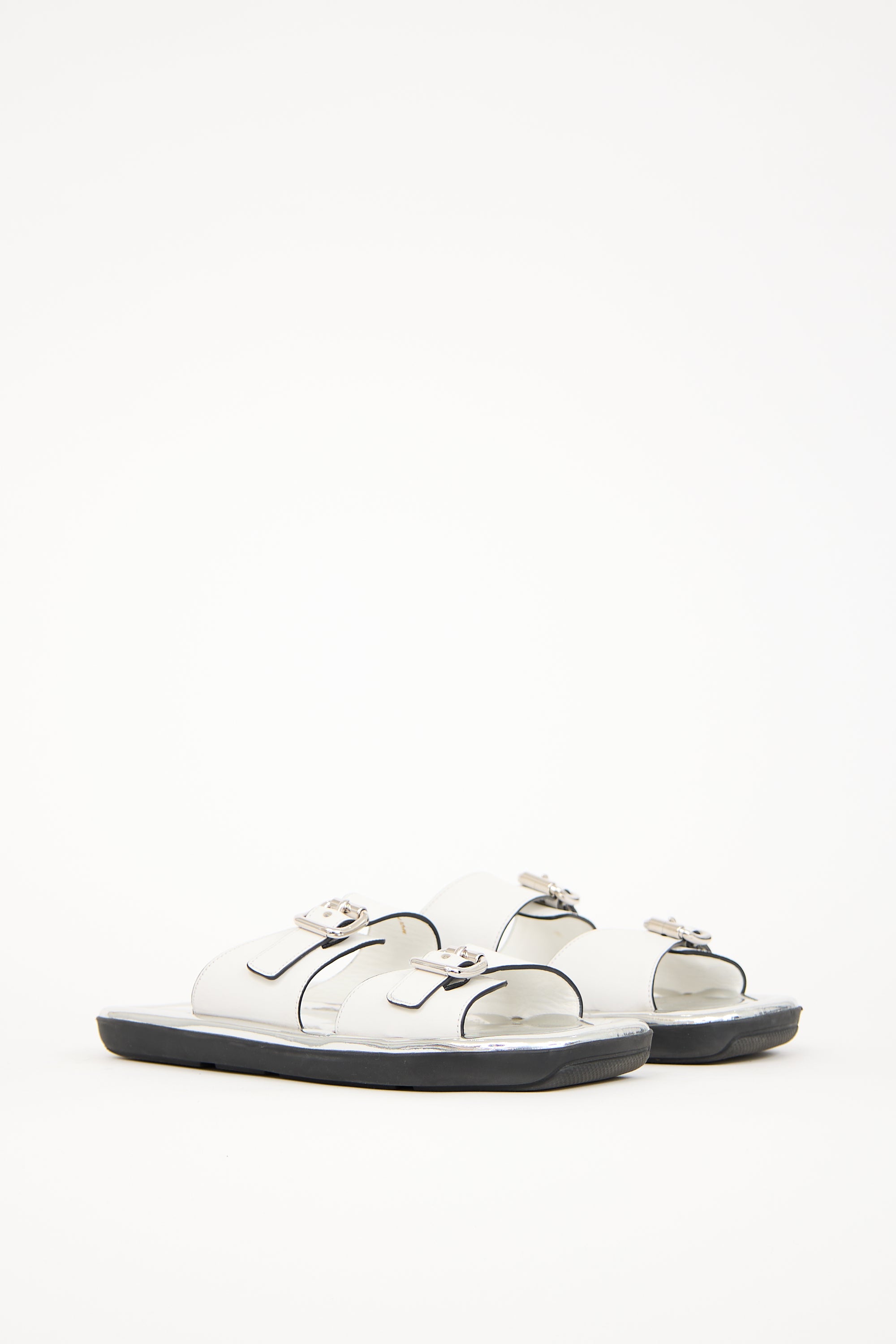 Prada White & Silver Leather Sandal