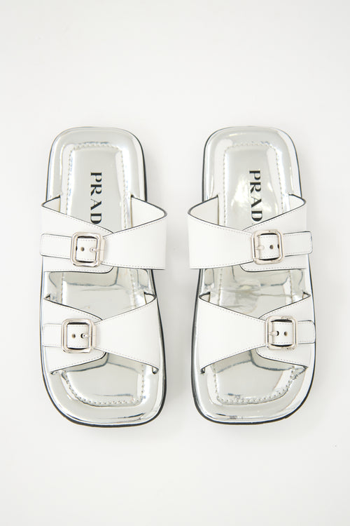 Prada White & Silver Leather Sandal