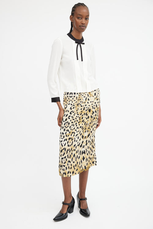 White & Black Silk Bow Trimmed Top
