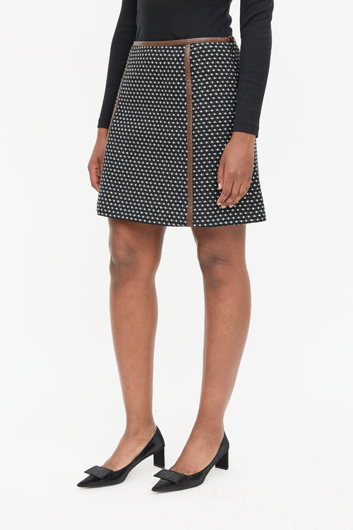Prada Wool Polka Dot Leather Trim Skirt
