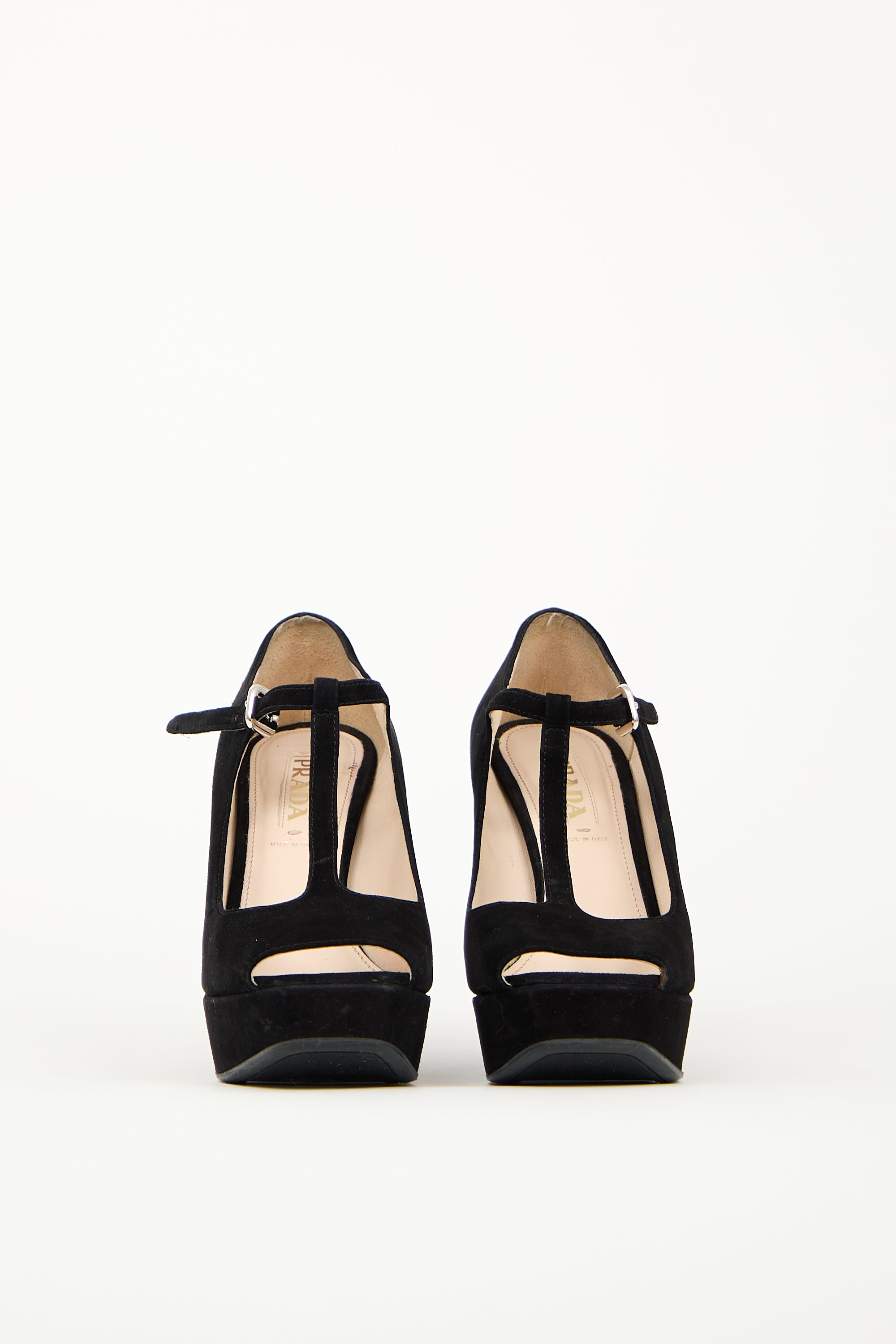 Prada Black Suede Peep Toe Wedge Heel