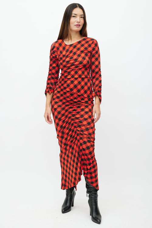 Preen Red & Black Plaid Ruched Dress