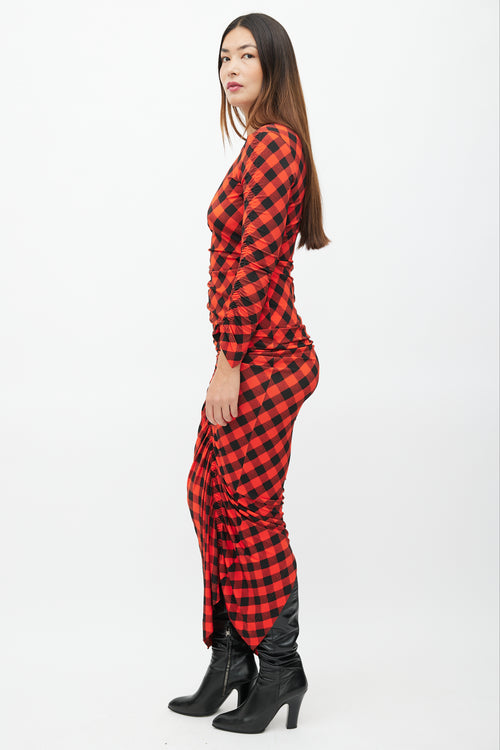 Preen Red & Black Plaid Ruched Dress