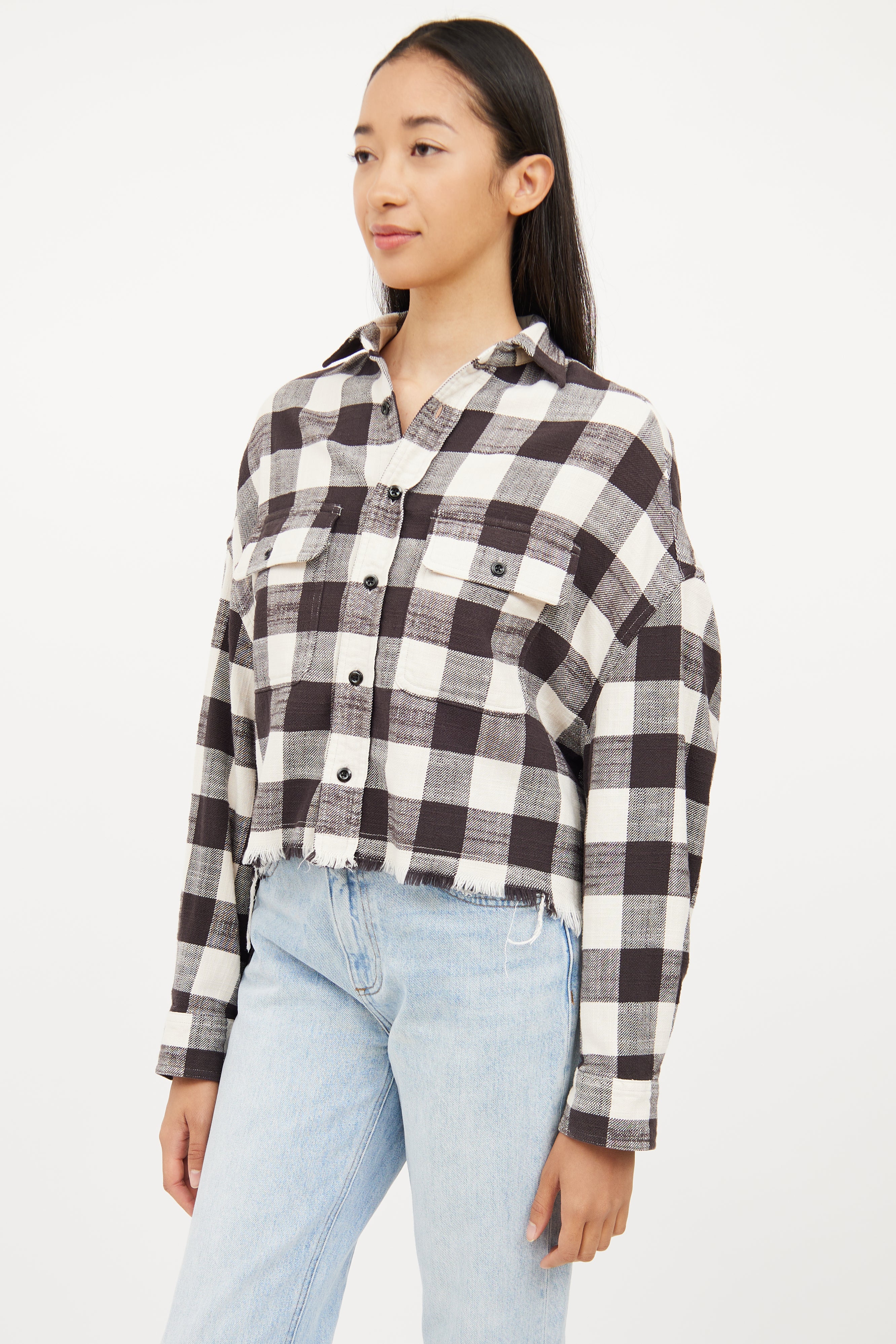 R13 Cream & Black Plaid Raw Hem Jacket
