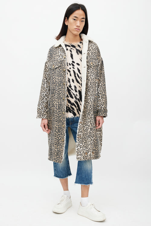 R13 Brown & Black Patterned Denim Shearling Coat