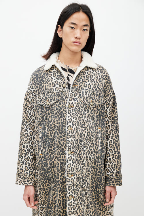 R13 Brown & Black Patterned Denim Shearling Coat