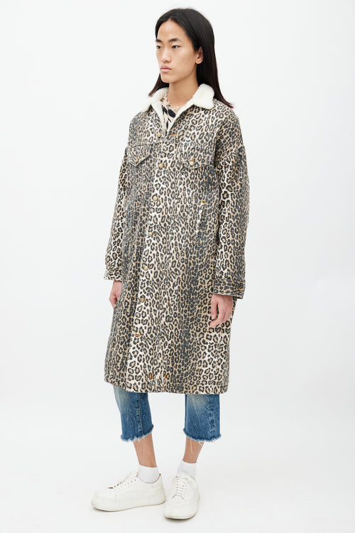 R13 Brown & Black Patterned Denim Shearling Coat