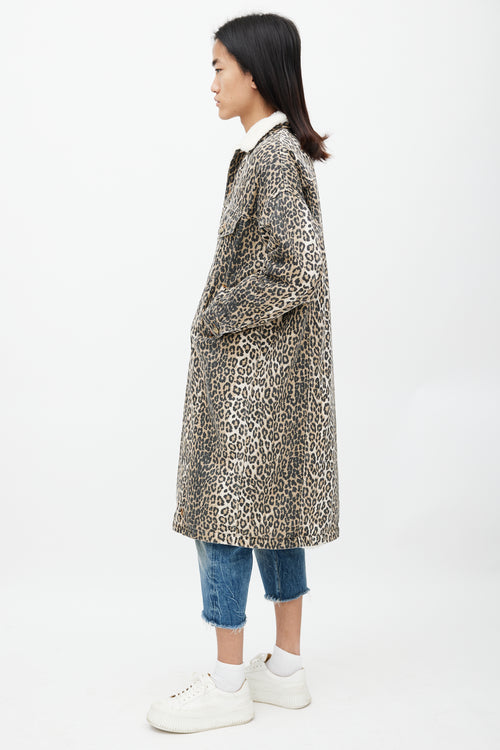 R13 Brown & Black Patterned Denim Shearling Coat