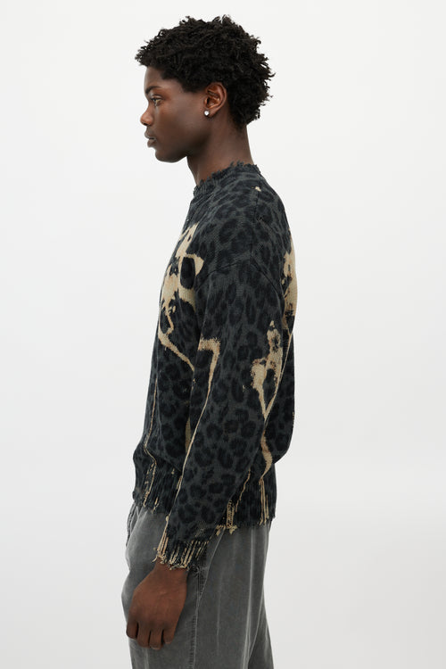 R13 Green & Black Distressed Patterned Sweater