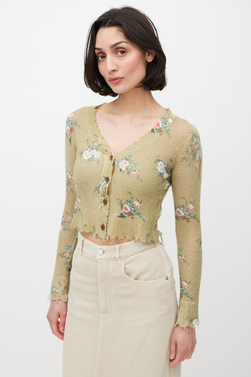 R13 Green & Multicolour Cashmere Distressed Knit Cardigan
