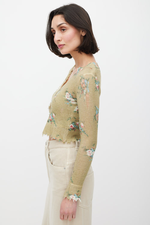 R13 Green & Multicolour Cashmere Distressed Knit Cardigan