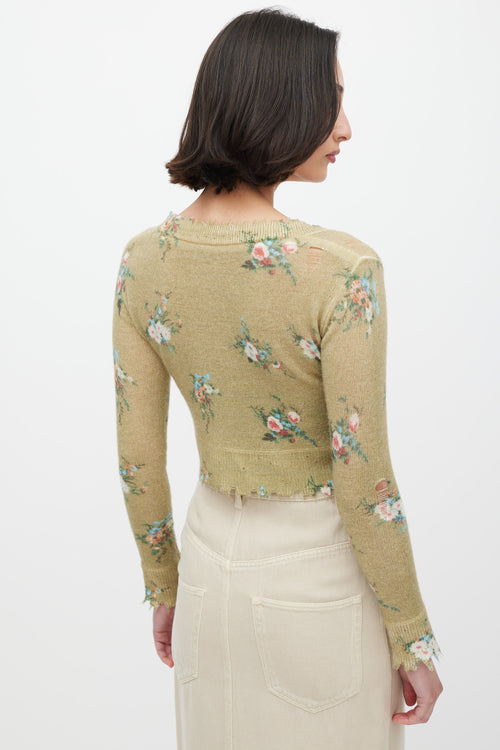 R13 Green & Multicolour Cashmere Distressed Knit Cardigan