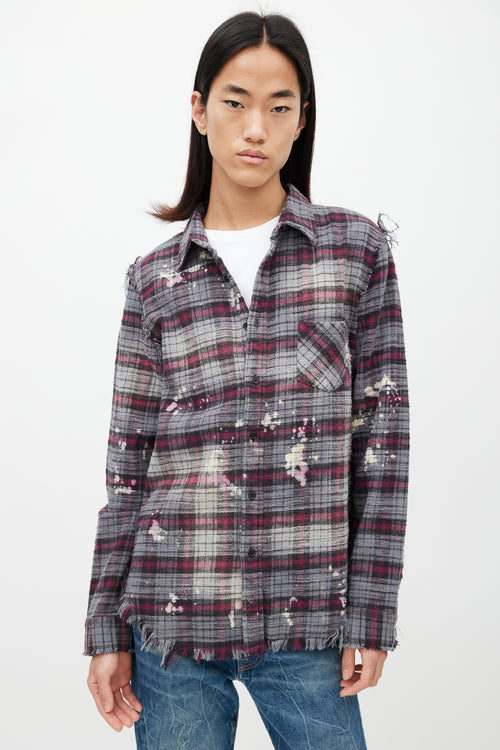 R13 Grey & Red Distressed Plaid Flannel Shirt