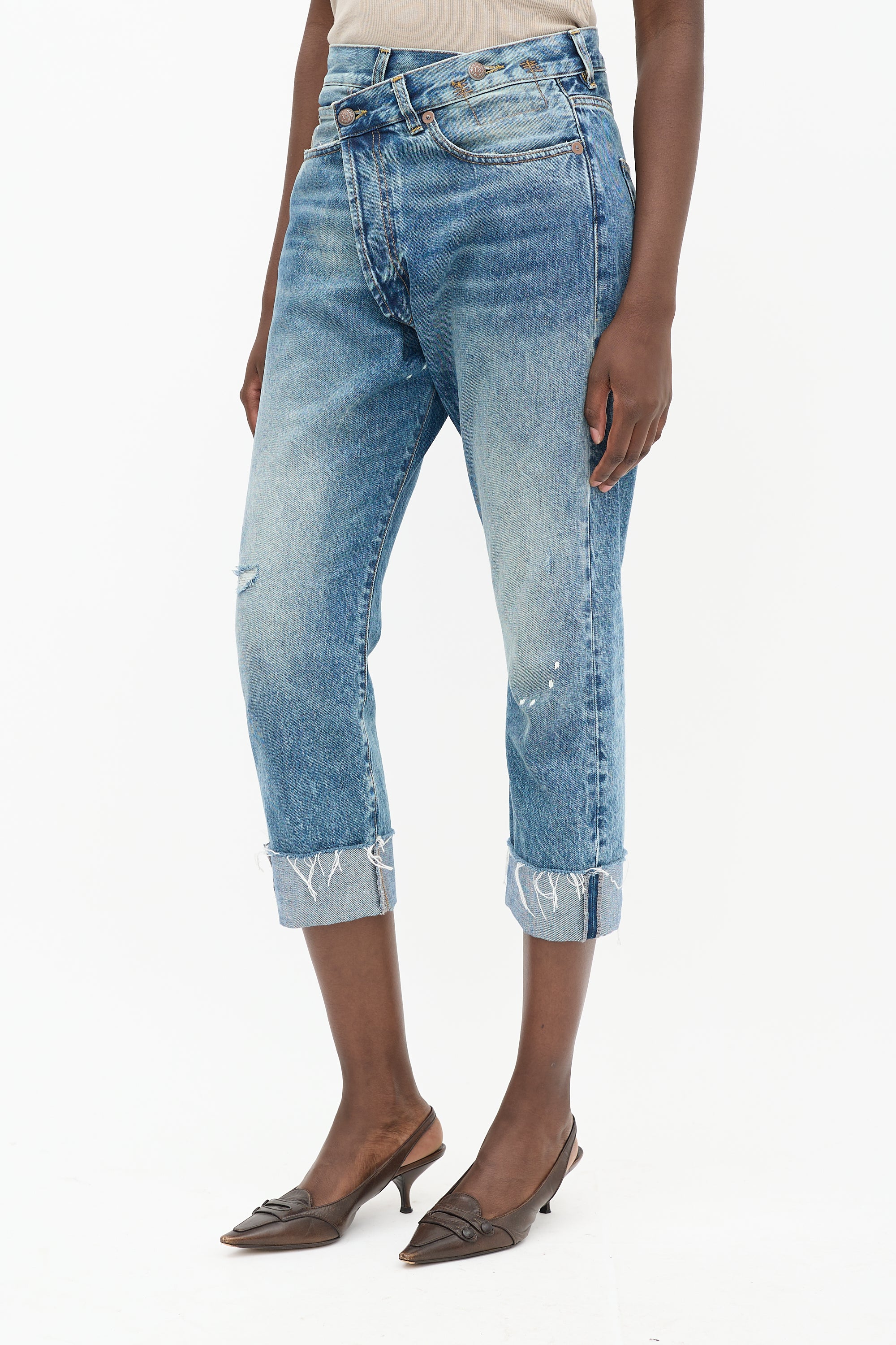 R13 Light Wash Distressed Cross Over Jeans