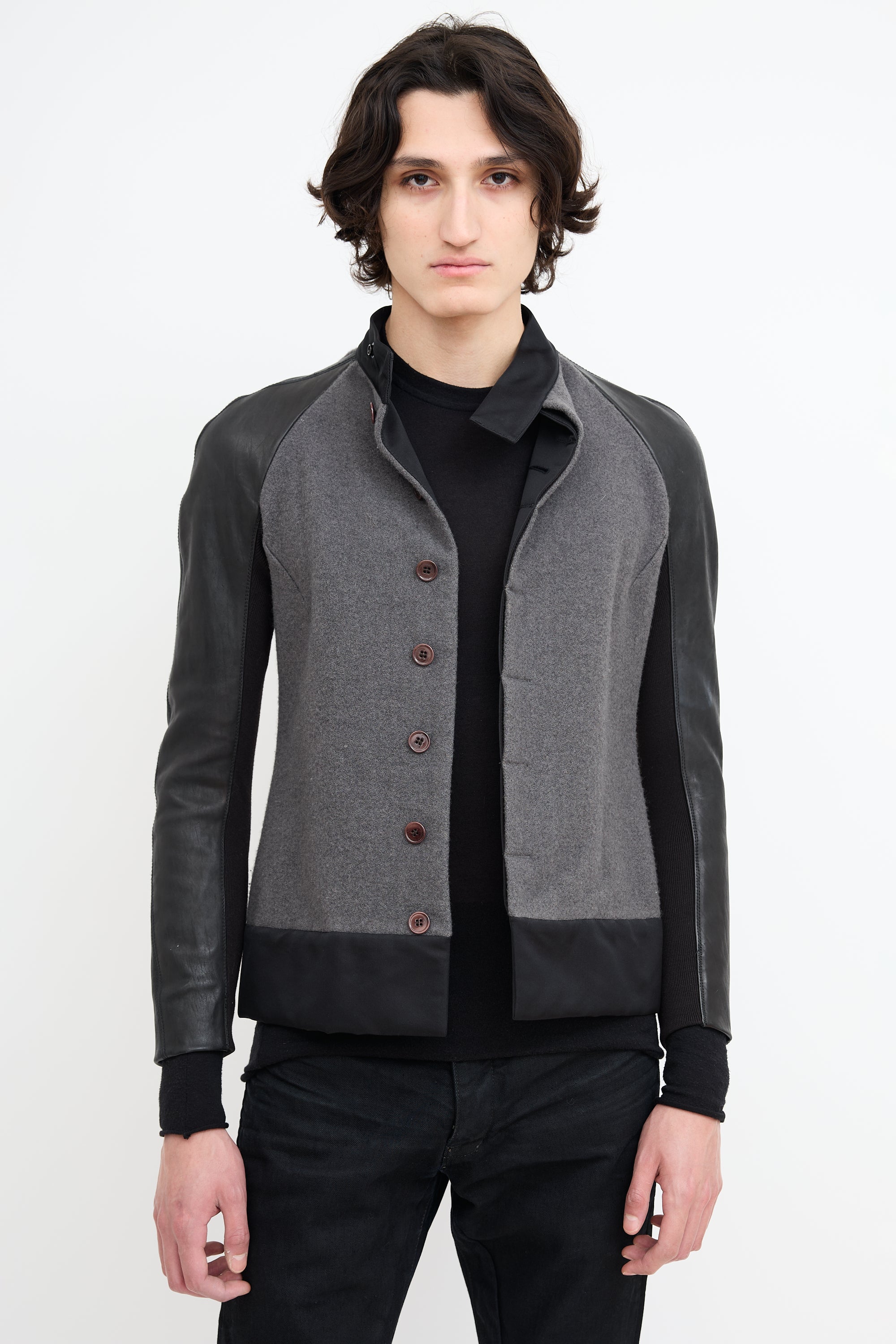 Rick Owens Grey Wool & Black Leather Jacket