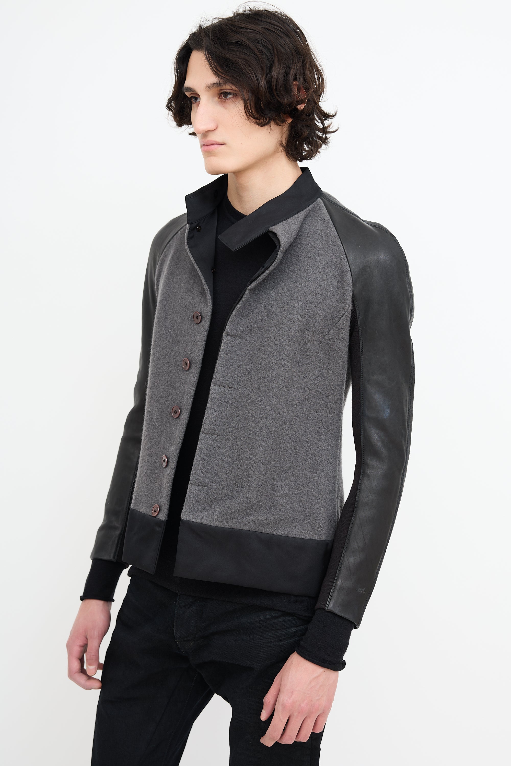 Rick Owens Grey Wool & Black Leather Jacket