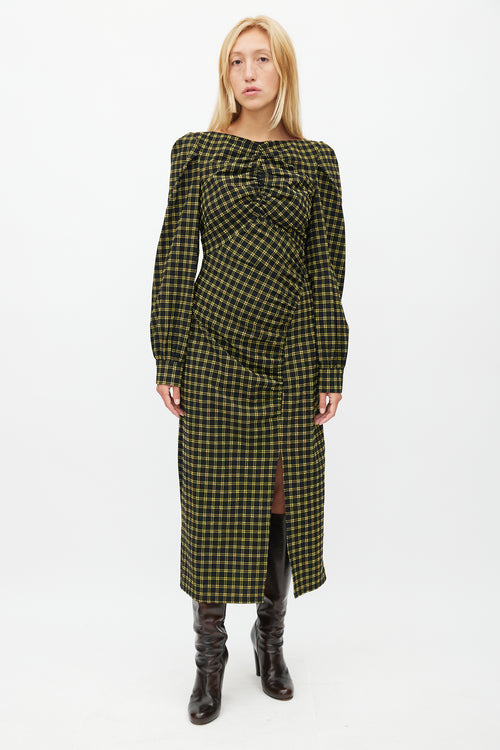 Rachel Comey Black & Yellow Plaid Ruched Dress