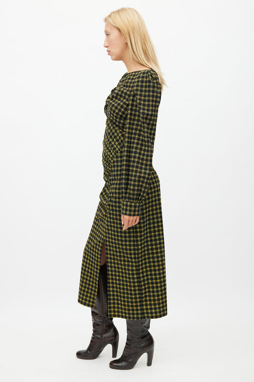 Rachel Comey Black & Yellow Plaid Ruched Dress