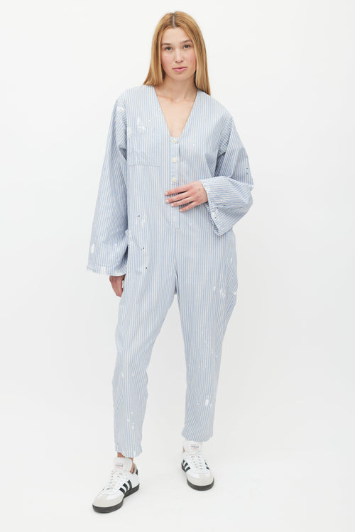 Raquel Allegra Blue & White Striped Distressed Jumpsuit